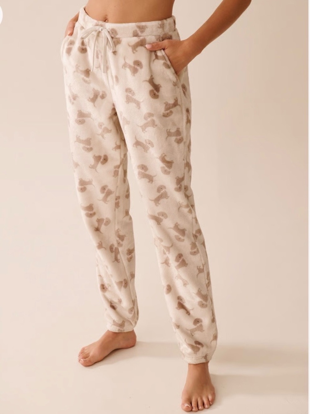 La Vie En Rose Beige Plush Pajama Set with Dachshund Applique - Picture 4 of 15
